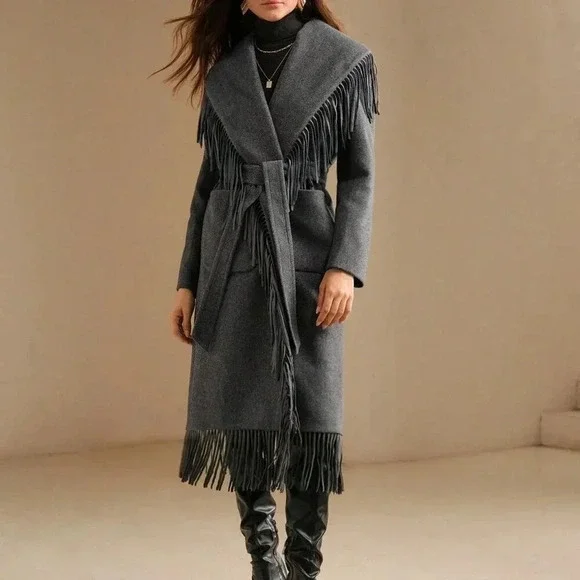 Grey Elegant Women's Faux Fur Collar Wool Blend Jacket With Fringe Trim - Picture 7 of 8